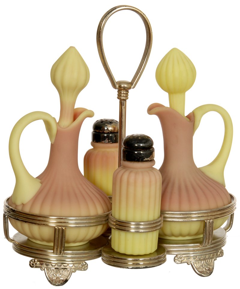9" MT. WASHINGTON BURMESE CONDIMENT SET ON SILVERPLATE: 9" MT. WASHINGTON BURMESE CONDIMENT SET ON SILVERPLATE FRAME (2) RIBBED CRUET BOTTLES WITH MATCHING SALT AND PEPPER SHAKERS - MARKED PAIRPOINT FRAME