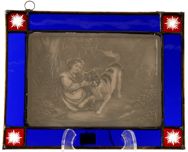 5 1/4" X 7 1/4" MARKED "KPM 237" LITHOPHANE: 5 1/4" X 7 1/4" MARKED "KPM 237" LITHOPHANE SCENE OF YOUNG GIRL AND DOG IN WOODS - SET IN 7 3/4" X 9 3/4" STAINED GLASS FRAME