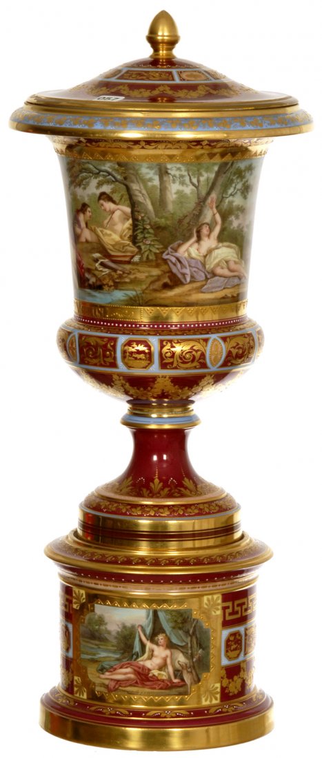 22 1/2" BEEHIVE MARKED THREE PART PEDESTAL COVERED URN: 22 1/2" BEEHIVE MARKED THREE PART PEDESTAL COVERED URN MAROON AND PALE BLUE BORDER WITH EXTENSIVE GOLD STENCIL HIGHLIGHTS - HANDPAINTED SCENES FEATURING VENUS AND AGLAIA - ARTIST SIGNED