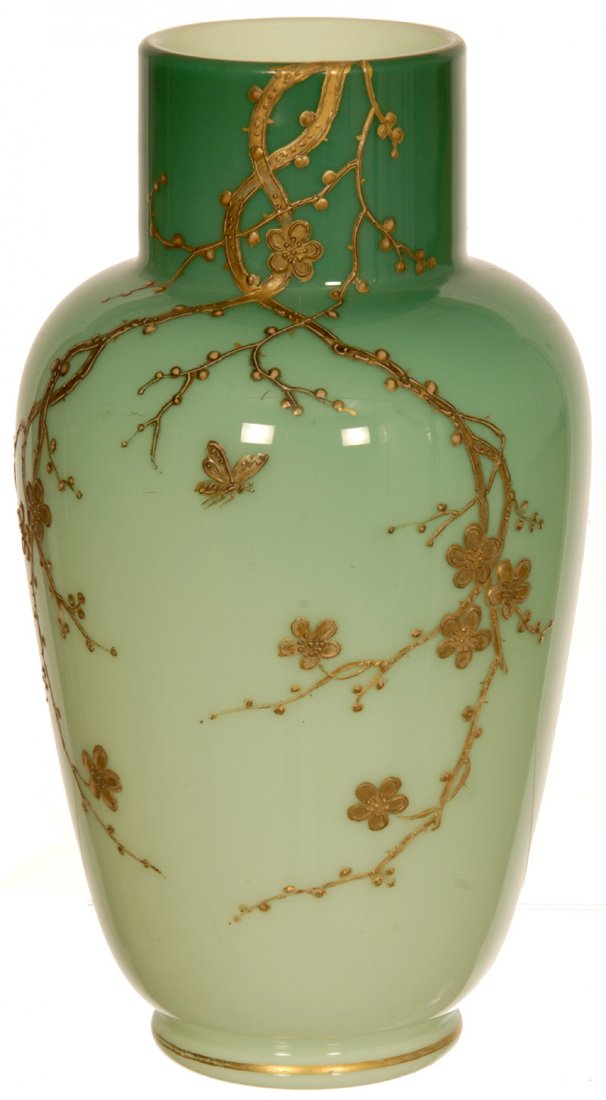 9 1/2" WEBB CASED ART GLASS VASE: 9 1/2" WEBB CASED ART GLASS VASE GREEN WITH WHITE INTERIOR - GOLD ENAMEL BRANCH, BLOSSOM AND INSECT DECOR
