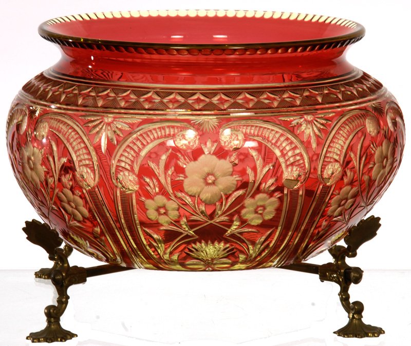 6 1/4" X 10" CRANBERRY CUT TO YELLOW ART GLASS BOWL SET: 6 1/4" X 10" CRANBERRY CUT TO YELLOW ART GLASS BOWL SET ON BRASS STAND NICELY ENGRAVED PANELS OF FLORAL MOTIF - ATTRIBUTED TO STEVENS AND WILLIAMS