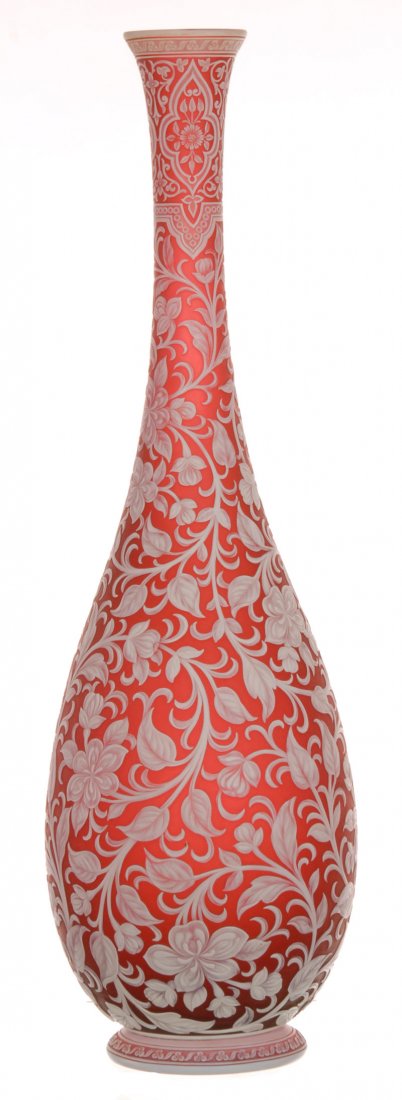 MAGNIFICENT!: MAGNIFICENT! 21" SIGNED "THOMAS WEBB & SONS GEM CAMEO" - (ALSO SIGNED "TIFFANY & COMPANY" AND "PARIS EXPOSITION 1889") ENGLISH CAMEO VASE - BEAUTIFUL CRANBERRY BACKGROUND WITH INTRICATE ALL OVER FLORA