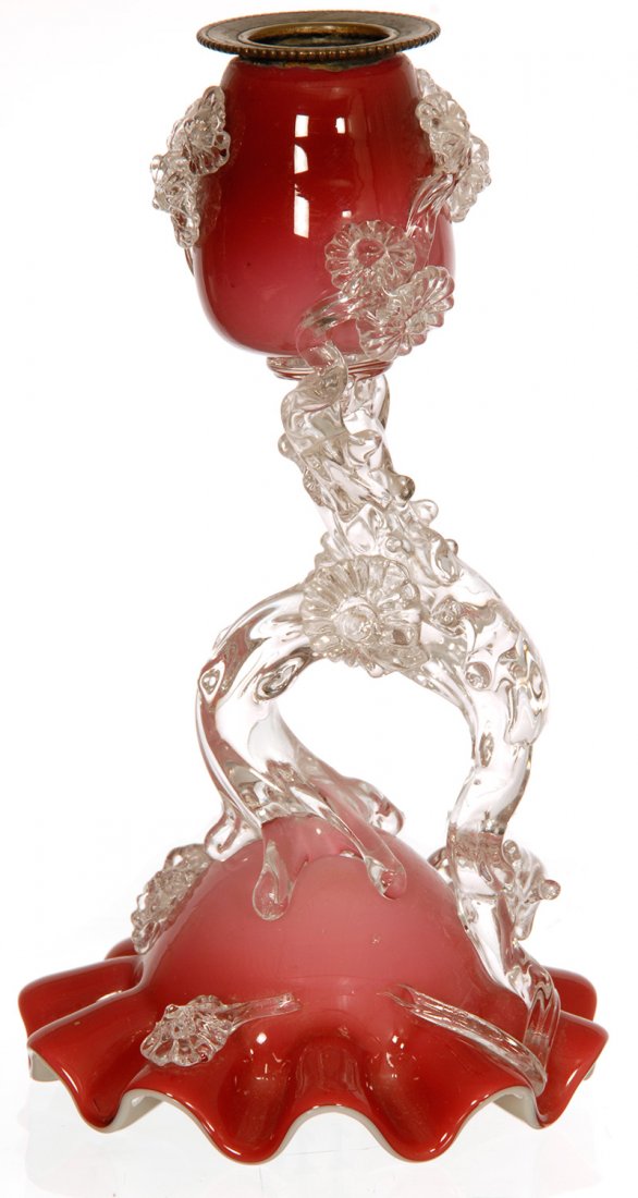 7" STEVENS AND WILLIAMS "MATSU-NO-KE" CASED PEACHBLOW: 7" STEVENS AND WILLIAMS "MATSU-NO-KE" CASED PEACHBLOW ART GLASS CANDLESTICK 1" BRANCH SECTION MISSING