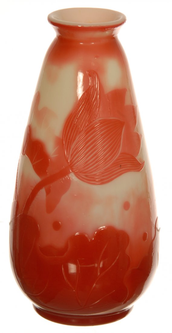 6 1/4" SIGNED GALLE FRENCH CAMEO ART GLASS VASE: 6 1/4" SIGNED GALLE FRENCH CAMEO ART GLASS VASE WHITE AND PINK CARVED TULIP DECOR - FIRE POLISHED - DATED "1900"