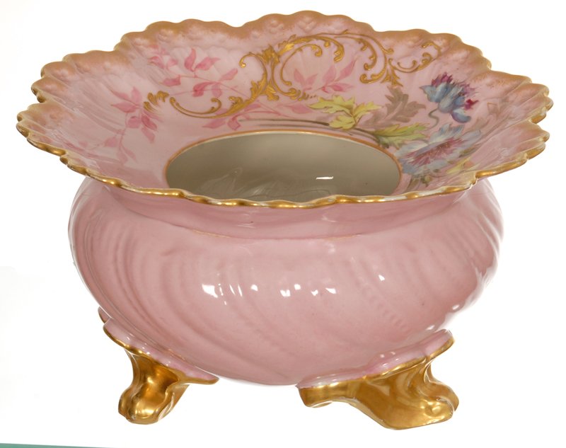 5 1/2" X 9 1/4" MARKED "GUERIN LIMOGES" FOOTED SPITTOON: 5 1/2" X 9 1/4" MARKED "GUERIN LIMOGES" FOOTED SPITTOON PINK WITH FLORAL DECOR - SIGNIFICANT HAIRLINE AROUND SPITTOON