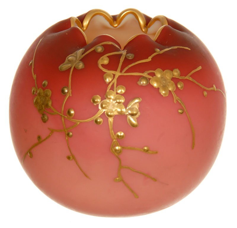 2 1/2" WEBB SATIN PEACHBLOW MINIATURE ROSE BOWL: 2 1/2" WEBB SATIN PEACHBLOW MINIATURE ROSE BOWL GOLD ENAMEL BRANCH AND BUTTERFLY DECOR