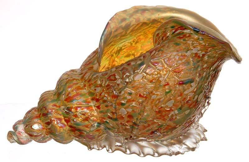 5 1/2" X 9" UNMARKED LOETZ STYLE ART GLASS NAUTILUS: 5 1/2" X 9" UNMARKED LOETZ STYLE ART GLASS NAUTILUS SHAPED VASE GOLD IRIDESCENT WITH GREEN, SILVER AND AMBER MOTTLED HIGHLIGHTS - APPLIED CORAL DESIGN - SOME CHIPPING ON CORAL STEM - CHIP ON FOOT