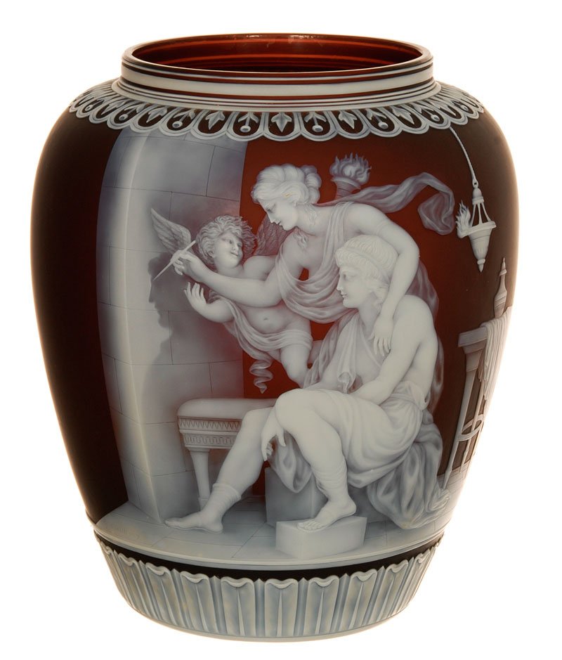 MUSEUM QUALITY!: MUSEUM QUALITY! 9 1/2" SIGNED "THOMAS WEBB & SONS GEM CAMEO" FINELY CARVED ENGLISH CAMEO ART GLASS VASE - "THE ORIGIN OF PAINTING" SIGNED "G.WOODALL 1887" - EXACTLY AS FEATURED IN "ENGLISH CAMEO GLASS
