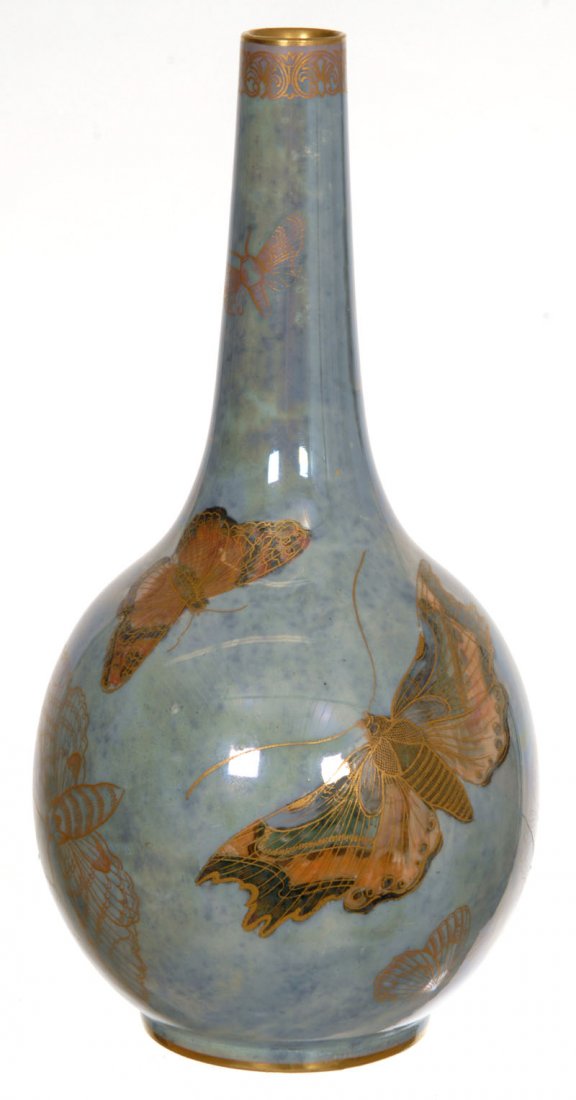 9 3/4" MARKED "CARLTON LUSTRE WARE" PORCELAIN VASE: 9 3/4" MARKED "CARLTON LUSTRE WARE" PORCELAIN VASE IRIDESCENT BLUE BACKGROUND WITH COLORFUL BUTTERFLY DECOR WITH GOLD STENCIL HIGHLIGHTS