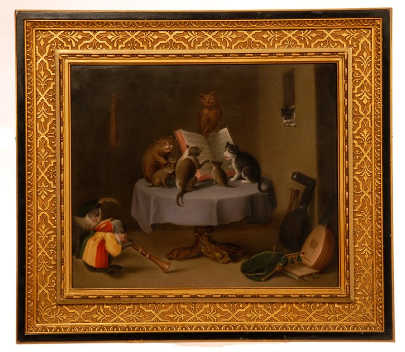 RARE 11 1/4" X 13 1/4" MARKED "KPM" PORCELAIN PLAQUE: RARE 11 1/4" X 13 1/4" MARKED "KPM" PORCELAIN PLAQUE FABULOUS SCENE FEATURING TEN ANIMALS SINGING AND PLAYING INSTRUMENTS - (7) CATS, (1) OWL AND (2) MONKEYS - NO ARTIST SIGNATURE VISIBLE - NICE DETAI