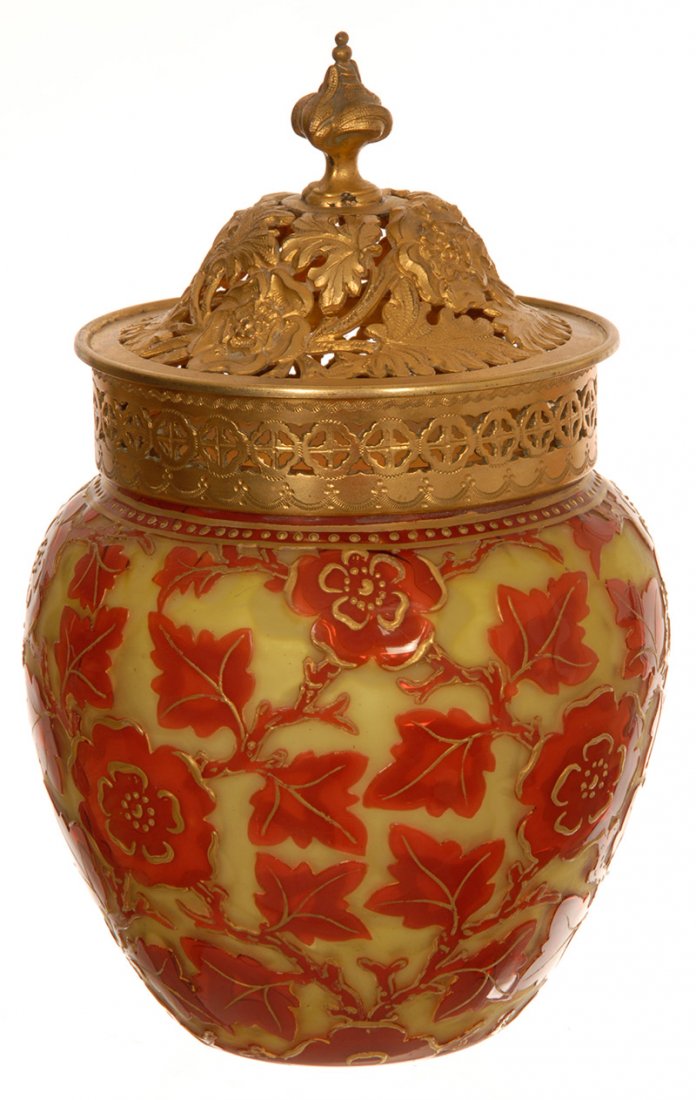 RARE 8 1/2" THOMAS WEBB ART GLASS CRACKER JAR: RARE 8 1/2" THOMAS WEBB ART GLASS CRACKER JAR LEMON YELLOW MOTHER OF PEARL GLOSSY BODY WITH CARVED CAMEO ROSE DECOR OVERLAY WITH GOLD ENAMEL HIGHLIGHTS - FITTED AND PIERCED GILT METAL COLLAR AND LID -