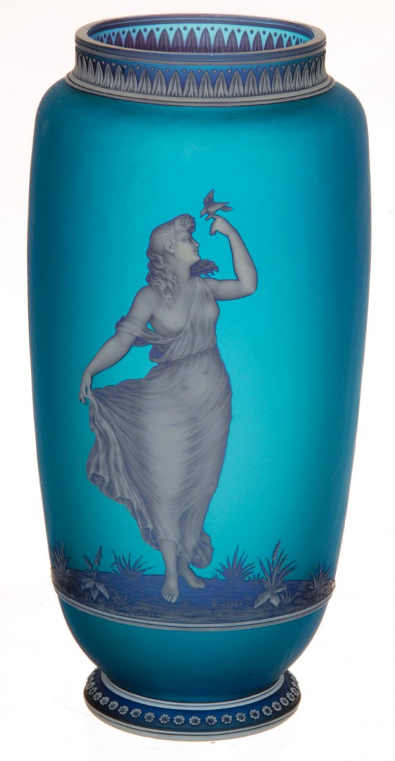 8 1/2" UNMARKED THOMAS WEBB & SONS ENGLISH CAMEO ART: 8 1/2" UNMARKED THOMAS WEBB & SONS ENGLISH CAMEO ART GLASS VASE BLUE BACKGROUND WITH FINELY DETAILED CARVED WHITE OPAL OVERLAY FEATURING YOUNG WOMAN AND BIRD - ARTIST SIGNED "G. WOODALL"