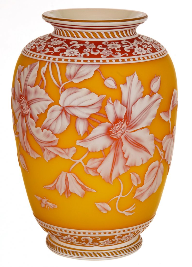BEAUTIFUL 10" SIGNED "THOMAS WEBB & SONS GEM CAMEO" ART: BEAUTIFUL 10" SIGNED "THOMAS WEBB & SONS GEM CAMEO" ART GLASS ENGLISH CAMEO VASE VIBRANT YELLOW BACKGROUND WITH RED AND WHITE CARVED CAMEO OVERLAY FEATURING LARGE FLORAL BLOSSOM AND FLYING INSECTS - E