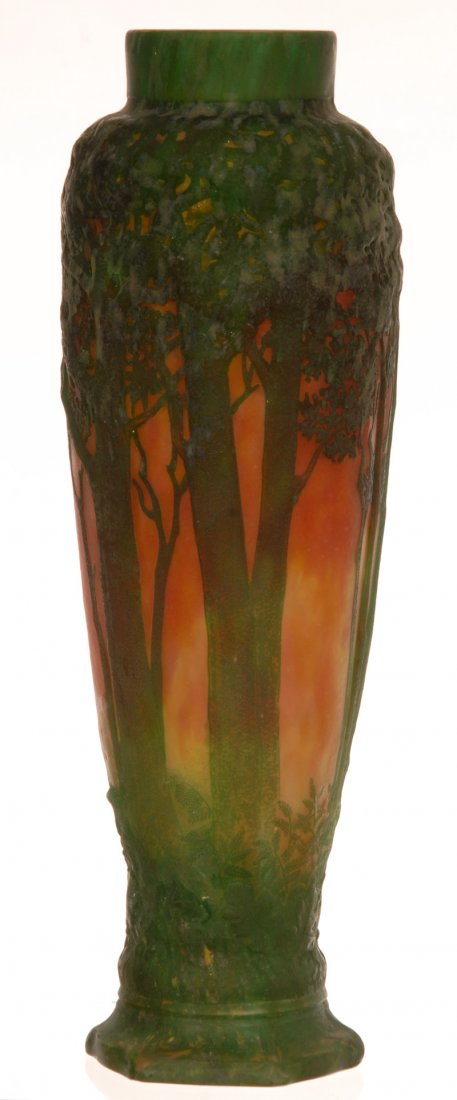 VERY RARE 17 1/4" SIGNED DAUM NANCY FRENCH CAMEO ART: VERY RARE 17 1/4" SIGNED DAUM NANCY FRENCH CAMEO ART GLASS BLOWN MOLD VASE ORANGE AND YELLOW BACKGROUND WITH GREEN MOTTLED BLOWN MOLD TREES - SIX-SIDED BASE
