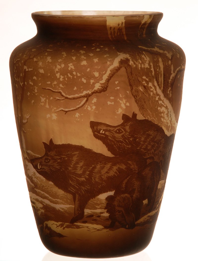 MUST SEE - 14" SIGNED MULLER FRERES LUNEVILLE" FRENCH: MUST SEE - 14" SIGNED MULLER FRERES LUNEVILLE" FRENCH CAMEO ART GLASS VASE WHITE AND YELLOW WITH DARK BROWN CARVED WINTER SCENE OVERLAY FEATURING SIX WILD BOARS - OUTSTANDING