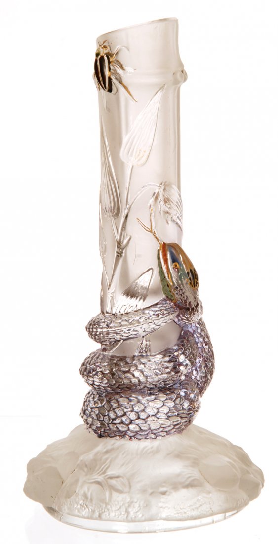 UNUSUAL 8 1/4" MARKED BACCARAT ART GLASS BUD VASE: UNUSUAL 8 1/4" MARKED BACCARAT ART GLASS BUD VASE FROSTED BACKGROUND WITH EMBOSSED ROCK AND LEAF DECOR - MOLDED AND COLORED GLASS SNAKE CHASING BLACK BEETLE