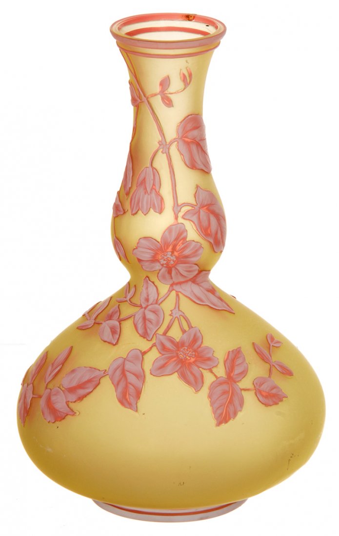 6 1/4" SIGNED "THOMAS WEBB & SONS" ENGLISH CAMEO ART: 6 1/4" SIGNED "THOMAS WEBB & SONS" ENGLISH CAMEO ART GLASS VASE YELLOW BACKGROUND WITH PINK AND WHITE CAMEO CARVED FLORAL OVERLAY - SMALL RIM CHIP