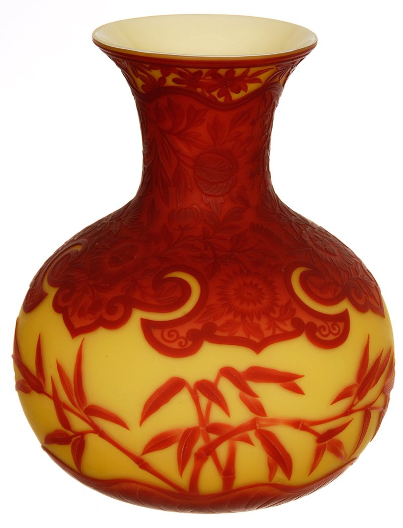 7 3/4" UNMARKED THOMAS WEBB & SONS ENGLISH CAMEO CARAFE: 7 3/4" UNMARKED THOMAS WEBB & SONS ENGLISH CAMEO CARAFE SHAPED VASE BRIGHT YELLOW BACKGROUND WITH ORNATE CAMEO CARVED RED OVERLAY FEATURING BLOSSOM AND BAMBOO DECOR