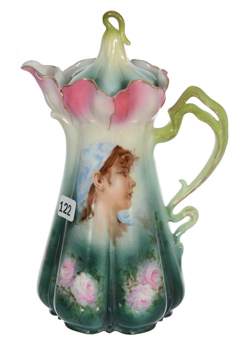 9" UNMARKED PRUSSIA MORNING GLORY MOLD CHOCOLATE POT: 9" UNMARKED PRUSSIA MORNING GLORY MOLD CHOCOLATE POT GREEN AND PINK TONES WITH PEASANT GIRL PORTRAIT DECOR