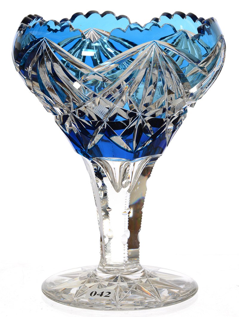 9" BLUE CUT TO CLEAR CUT GLASS TAZZA: 9" BLUE CUT TO CLEAR CUT GLASS TAZZA CLEAR STEM AND BASE - SUPER CLEAR BLANK - ATTRIBUTED TO VAL ST. LAMBERT