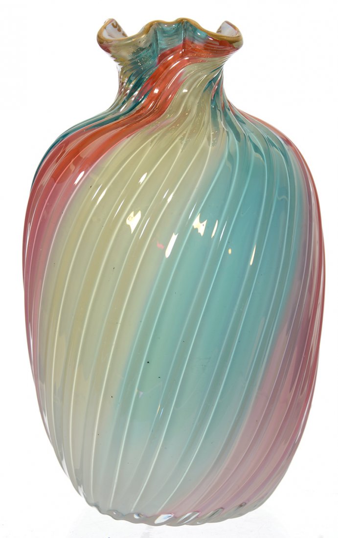 6 1/2" LOETZ CASED RAINBOW ART GLASS VASE: 6 1/2" LOETZ CASED RAINBOW ART GLASS VASE RIBBED SWIRL DESIGN
