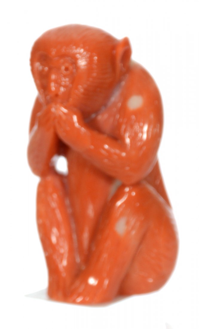 1 3/4" CARVED CORAL FIGURAL MONKEY NETSUKE: 1 3/4" CARVED CORAL FIGURAL MONKEY NETSUKE ORIENTAL MARKINGS ON BASE