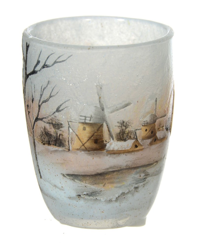 2" SIGNED DAUM NANCY FRENCH CAMEO ART GLASS TOOTHPICK: 2" SIGNED DAUM NANCY FRENCH CAMEO ART GLASS TOOTHPICK HOLDER DUTCH WINDMILL WINTER SEASON DECOR