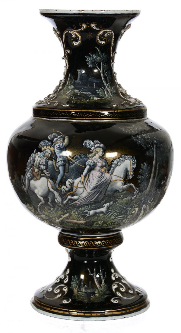 EXTREMELY RARE!: EXTREMELY RARE! 9" PEDESTAL FRENCH ENAMEL OVER COPPER VASE - BLACK BACKGROUND WITH HUNTERS RIDING THROUGH FOREST SCENIC DECOR - RAISED ENAMEL HIGHLIGHTS - DELICATE DETAILING - FANTASTIC QUALITY - SOME