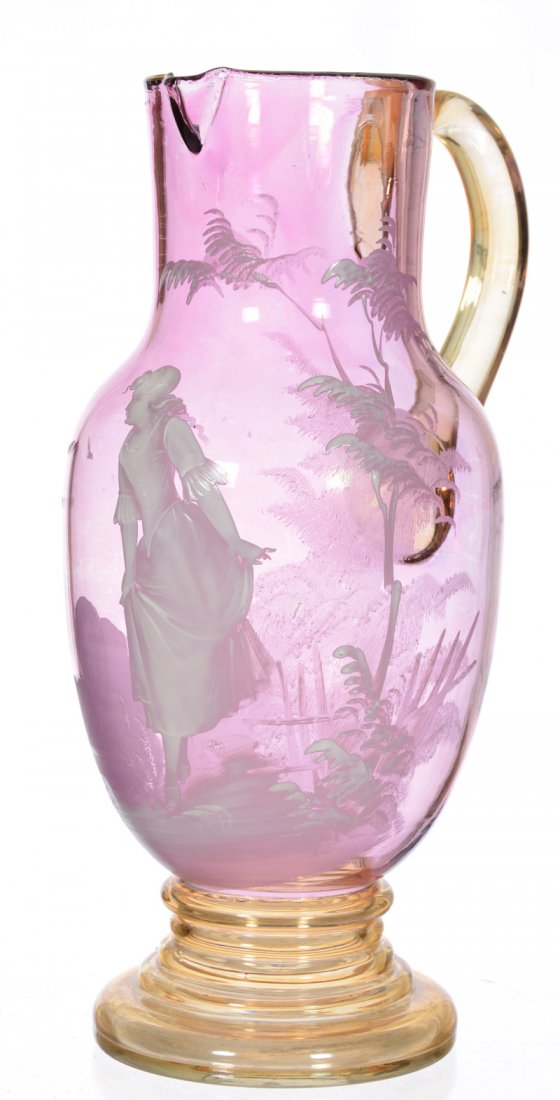 12" MARY GREGORY SCENIC ART GLASS PITCHER: 12" MARY GREGORY SCENIC ART GLASS PITCHER PALE LAVENDER BACKGROUND WITH APPLIED MARIGOLD FOOT AND HANDLE - ENAMELED MARY GREGORY SCENE FEATURING YOUNG WOMAN