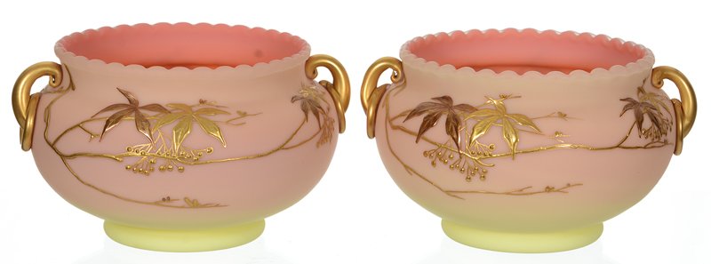 PAIR 4" X 7" MARKED "THOMAS WEBB QUEENS BURMESE": PAIR 4" X 7" MARKED "THOMAS WEBB QUEENS BURMESE" DECORATED BURMESE BOWLS TWO HANDLED - NICE ENAMEL DECOR - GREAT COLOR