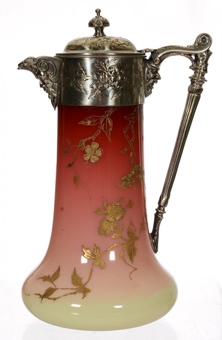 10" UNMARKED WEBB CASED PEACHBLOW ART GLASS PITCHER: 10" UNMARKED WEBB CASED PEACHBLOW ART GLASS PITCHER ENAMEL BLOSSOM AND BRANCH DECOR - ORNATE EMBOSSED PATTERN MATCHED SILVER SPOUT AND HANDLE