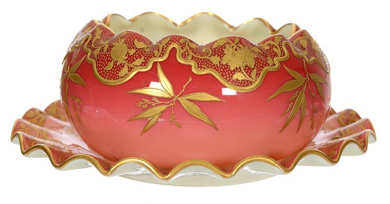 2 1/2" X 6" UNMARKED WEBB PEACHBLOW ART GLASS: 2 1/2" X 6" UNMARKED WEBB PEACHBLOW ART GLASS FINGERBOWL AND UNDERPLATE EXTENSIVE GOLD ENAMEL FLORAL DECOR - MUST SEE