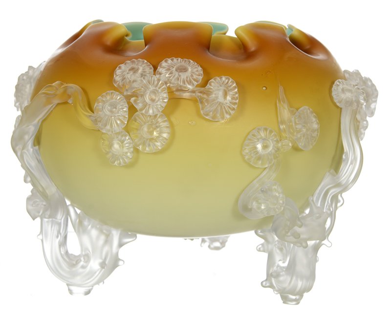 6" X 7" STEVENS AND WILLIAMS MATSU-NOKE ART GLASS THREE: 6" X 7" STEVENS AND WILLIAMS MATSU-NOKE ART GLASS THREE FOOTED ROSE BOWL BROWN TO YELLOW SATIN FINISH EXTERIOR WITH LIGHT BLUE INTERIOR - APPLIED BRANCH AND BLOSSOM DESIGN - 1" SECTION OF BRANCH MISSI