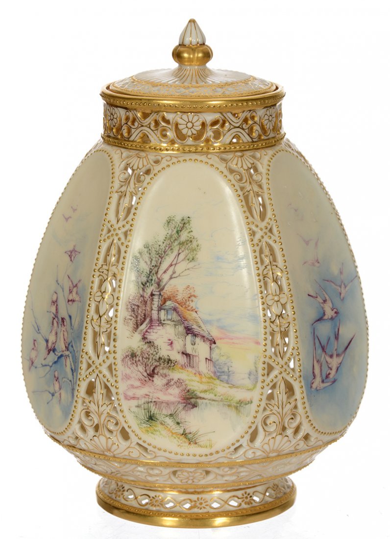 WONDERFUL 6" MARKED ROYAL WORCESTER PORCELAIN SIX-SIDED: WONDERFUL 6" MARKED ROYAL WORCESTER PORCELAIN SIX-SIDED POTPOURRI JAR HAND DECORATED SCENES FEATURE COTTAGE, BIRDS AND MORE - COMPLETELY RETICULATED