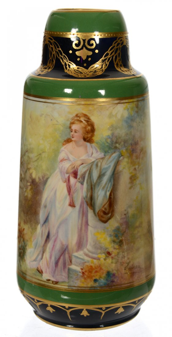 8" MARKED ROYAL BONN PORCELAIN VASE: 8" MARKED ROYAL BONN PORCELAIN VASE COBALT BLUE AND GREEN TRIM WITH HANDPAINTED DECOR FEATURING WOMAN NEAR WALL - ARTIST SIGNED "HEINEN"