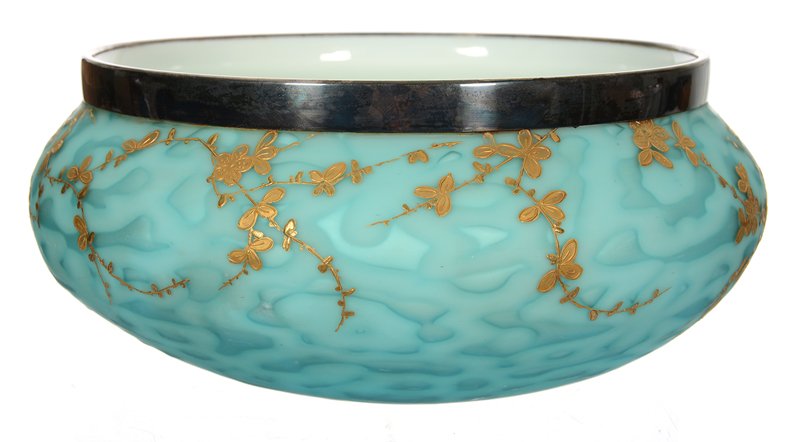 4 1/4" X 8" BLUE SATIN MOTHER OF PEARL ART GLASS BOWL: 4 1/4" X 8" BLUE SATIN MOTHER OF PEARL ART GLASS BOWL PATTERN ON SATIN EXTERIOR SIMILAR TO FLOWER & ACORN - WHITE INTERIOR - SILVERPLATE RIM - GOLD ENAMEL FLORAL BLOSSOM AND BRANCH DECOR - MINOR FACTO