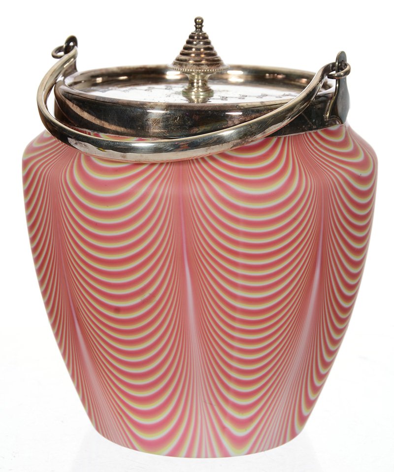 6 1/2" STEVENS AND WILLIAMS NORTHWOOD PULL-UP ART GLASS: 6 1/2" STEVENS AND WILLIAMS NORTHWOOD PULL-UP ART GLASS BISCUIT JAR PINK, YELLOW AND WHITE DESIGN - SILVERPLATE LID AND BAIL - EXTRA NICE
