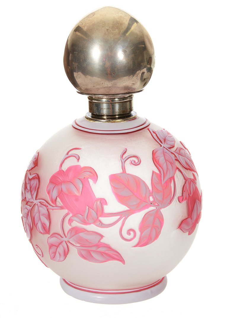 6" UNMARKED ENGLISH CAMEO ART GLASS BALL COLOGNE BOTTLE: 6" UNMARKED ENGLISH CAMEO ART GLASS BALL COLOGNE BOTTLE FROSTED BACKGROUND WITH PINK AND WHITE CARVED FLORAL AND BUTTERFLY OVERLAY - GORHAM STERLING CAP - BASE HAS MINOR CHIPPING ON OVERLAY AROUND EDG