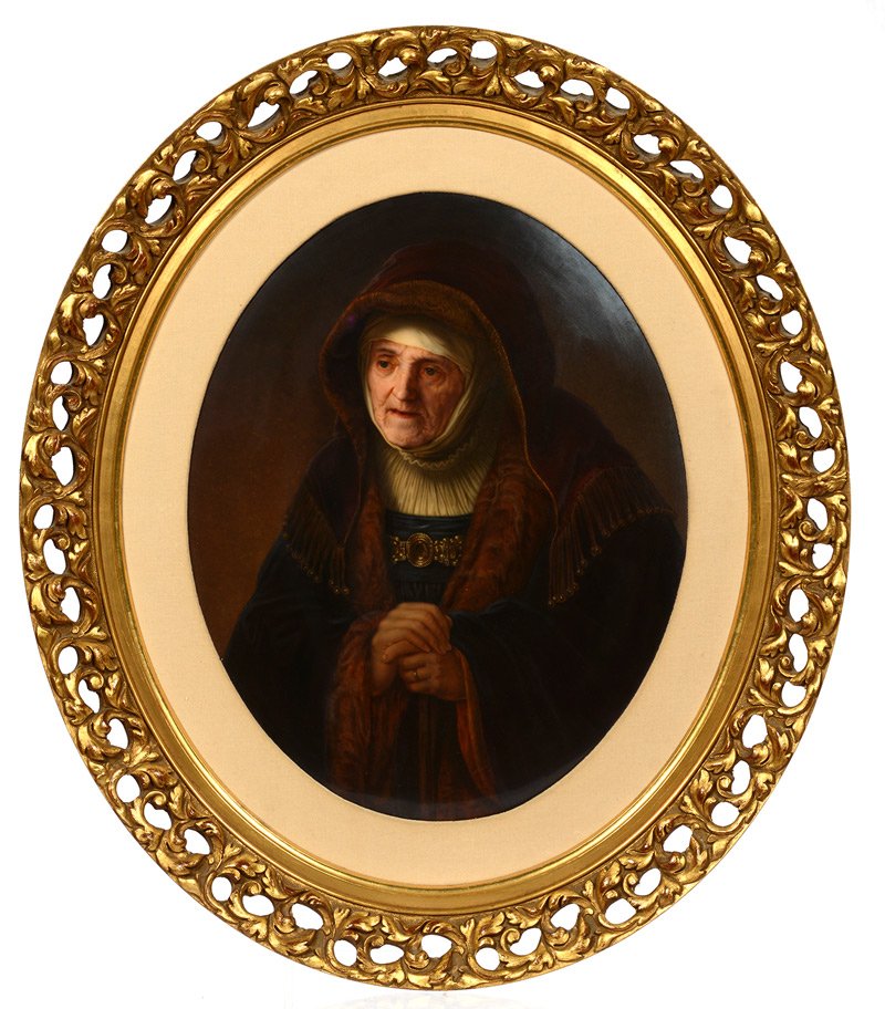 20" X 16" MARKED KPM OVAL PORCELAIN PLAQUE: 20" X 16" MARKED KPM OVAL PORCELAIN PLAQUE FASHIONED AFTER 1639 PAINTING TITLED "REMBRANDT'S MOTHER" - HIGHLY DETAILED SCENE OF OLD WOMAN WEARING FUR COAT AND HOOD - NO ARTIST SIGNATURE VISIBLE - SET
