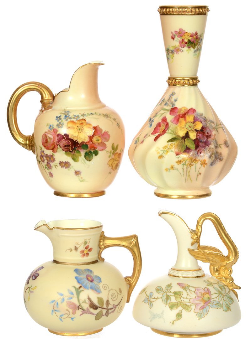 (4) ROYAL WORCESTER PORCELAIN FLORAL DECOR ITEMS: (4) ROYAL WORCESTER PORCELAIN FLORAL DECOR ITEMS (1) 6 1/2" #1452 VASE - (1) 4 1/2" #1094 PITCHER - (1) 3 3/4" #1376 PITCHER - (1) 4" #1048 DRAGON HANDLE EWER