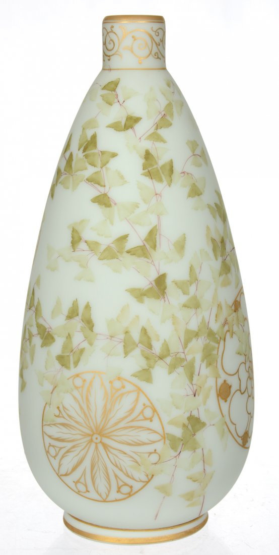 10 3/4" UNMARKED MT. WASHINGTON ART GLASS VASE: 10 3/4" UNMARKED MT. WASHINGTON ART GLASS VASE WHITE BACKGROUND WITH GREEN LEAF AND GOLD STENCIL MEDALLION DECOR - CROWN MILANO STYLE - NICE CONDITION