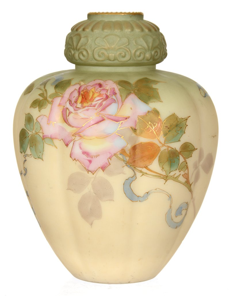 8 1/4" MARKED SMITH BROTHERS MELON RIBBED ART GLASS: 8 1/4" MARKED SMITH BROTHERS MELON RIBBED ART GLASS VASE CREAM AND GREEN TONES WITH PINK ROSE DECOR