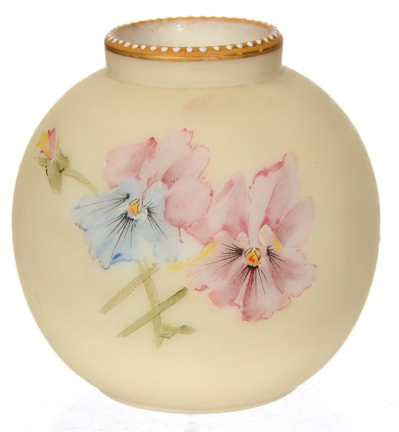 4" MARKED SMITH BROTHERS BALL SHAPED ART GLASS VASE: 4" MARKED SMITH BROTHERS BALL SHAPED ART GLASS VASE CREAM TONES WITH COLORFUL IRIS DECOR