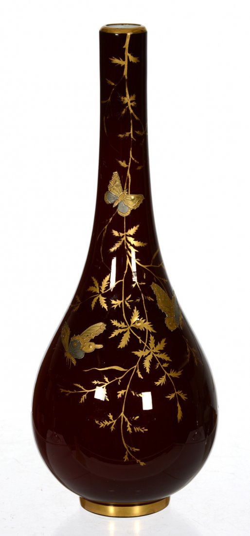 9 3/4" CASED DEEP MAROON ART GLASS BOWLING PIN VASE: 9 3/4" CASED DEEP MAROON ART GLASS BOWLING PIN VASE GOLD AND SILVER ENAMEL BUTTERFLY AND BRANCH DECOR - ATTRIBUTED TO HARRACH