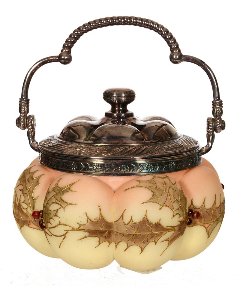 4" MT. WASHINGTON MELON RIBBED ART GLASS SWEETMEAT: 4" MT. WASHINGTON MELON RIBBED ART GLASS SWEETMEAT BURMESE COLORING WITH GOLD ENAMEL LEAF AND APPLIED RED JEWEL HIGHLIGHTS - SILVERPLATE LID AND BAIL