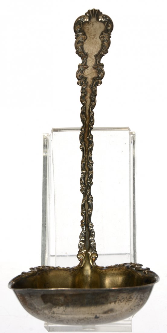 13" STERLING SILVER PUNCH LADLE MARKED "PREUSSER &: 13" STERLING SILVER PUNCH LADLE MARKED "PREUSSER & BRO." GERMAN PHRASE ENGRAVED ON BACK OF HANDLE DATED 1891 - TOTAL WEIGHT IS 5 TROY OUNCES