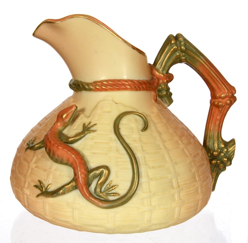 5 3/4" ROYAL WORCESTER #1714 PORCELAIN HANDLED JUG: 5 3/4" ROYAL WORCESTER #1714 PORCELAIN HANDLED JUG CREAM TONES ORANGE AND GREEN HIGHLIGHTS - BASKETWEAVE BACKGROUND WITH SALAMANDER