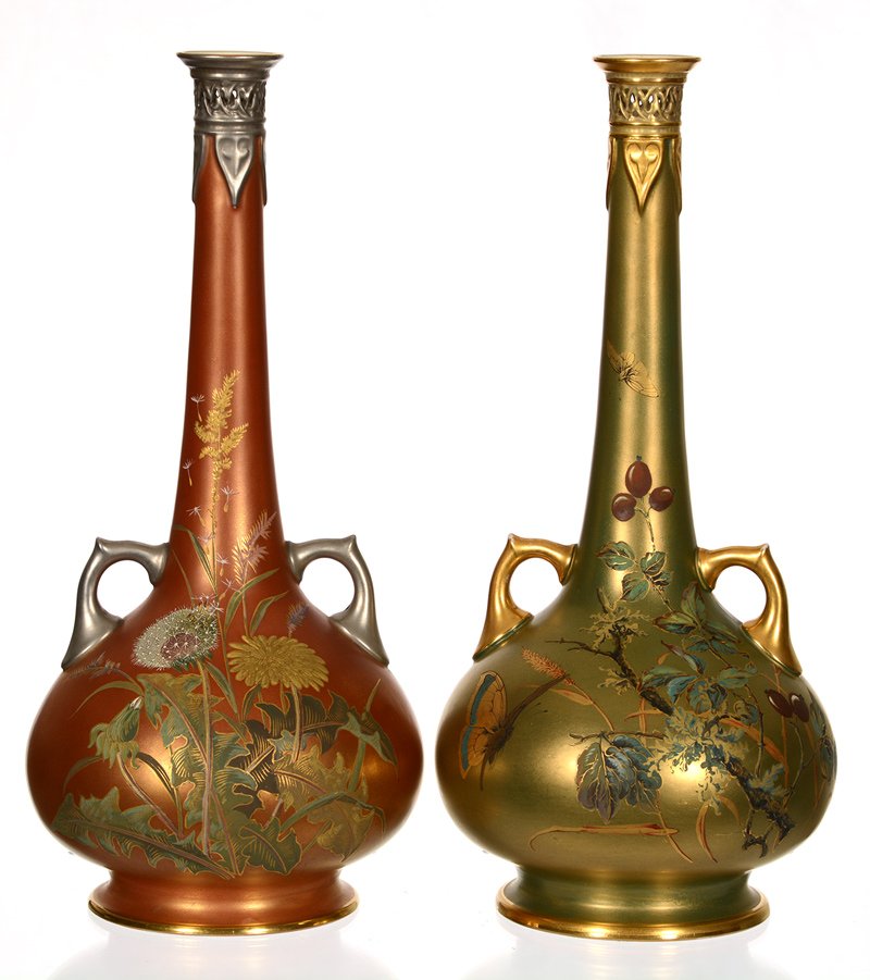 RARE PAIR 12 1/2" ROYAL WORCESTER PATENT METALLIC VASES: RARE PAIR 12 1/2" ROYAL WORCESTER PATENT METALLIC VASES (1) IRIDESCENT GREEN BODY FEATURING FRUIT BRANCH AND BUTTERFLY DECOR WITH GOLD TRIM HIGHLIGHTS - (1) IRIDESCENT BRONZE BACKGROUND WITH DANDELION
