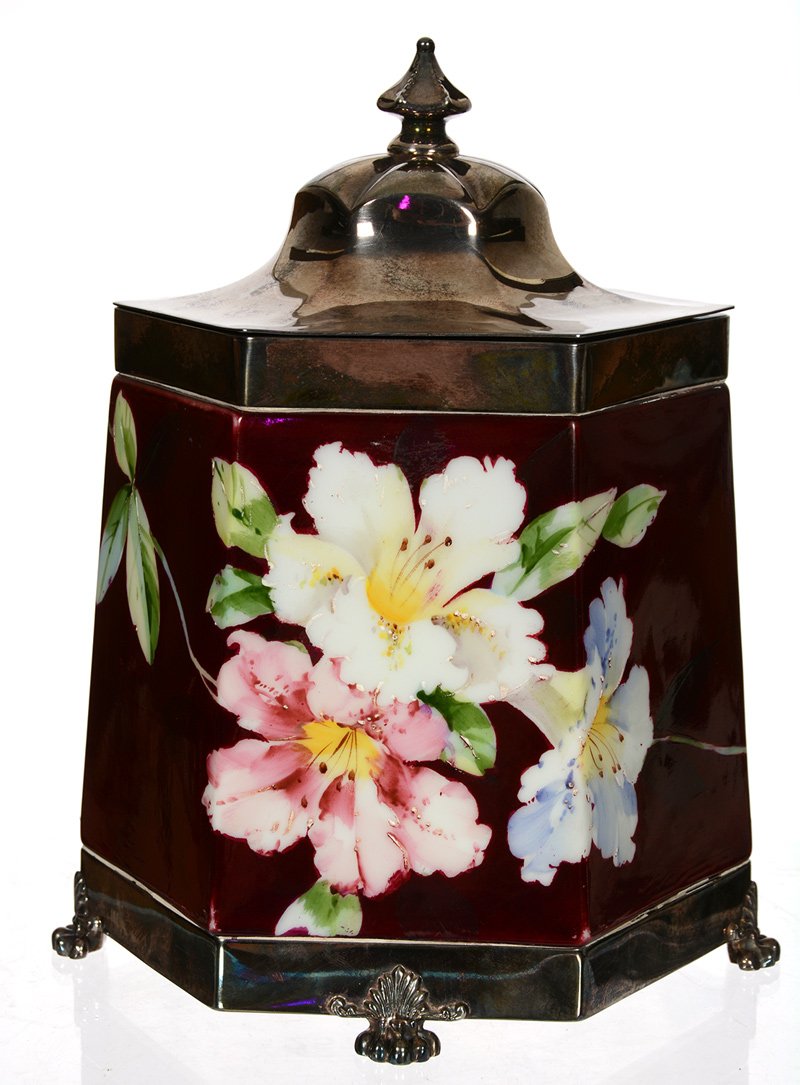 8 1/2" MARKED PAIRPOINT ART GLASS SIX-SIDED BISCUIT JAR: 8 1/2" MARKED PAIRPOINT ART GLASS SIX-SIDED BISCUIT JAR MAROON BODY WITH COLORFUL FLORAL DECOR - SILVERPLATE BASE, RIM AND LID