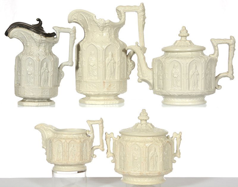 FIVE PIECE "CHARLES MEIGH" SALT GLAZED TABLE SET: FIVE PIECE "CHARLES MEIGH" SALT GLAZED TABLE SET EMBOSSED DESIGN FEATURING APOSTLES IN GOTHIC ARCH "WINDOWS" - TEA POT, CREAMER, SUGAR, 8 1/2" PITCHER & 7" PITCHER WITH PEWTER TOP